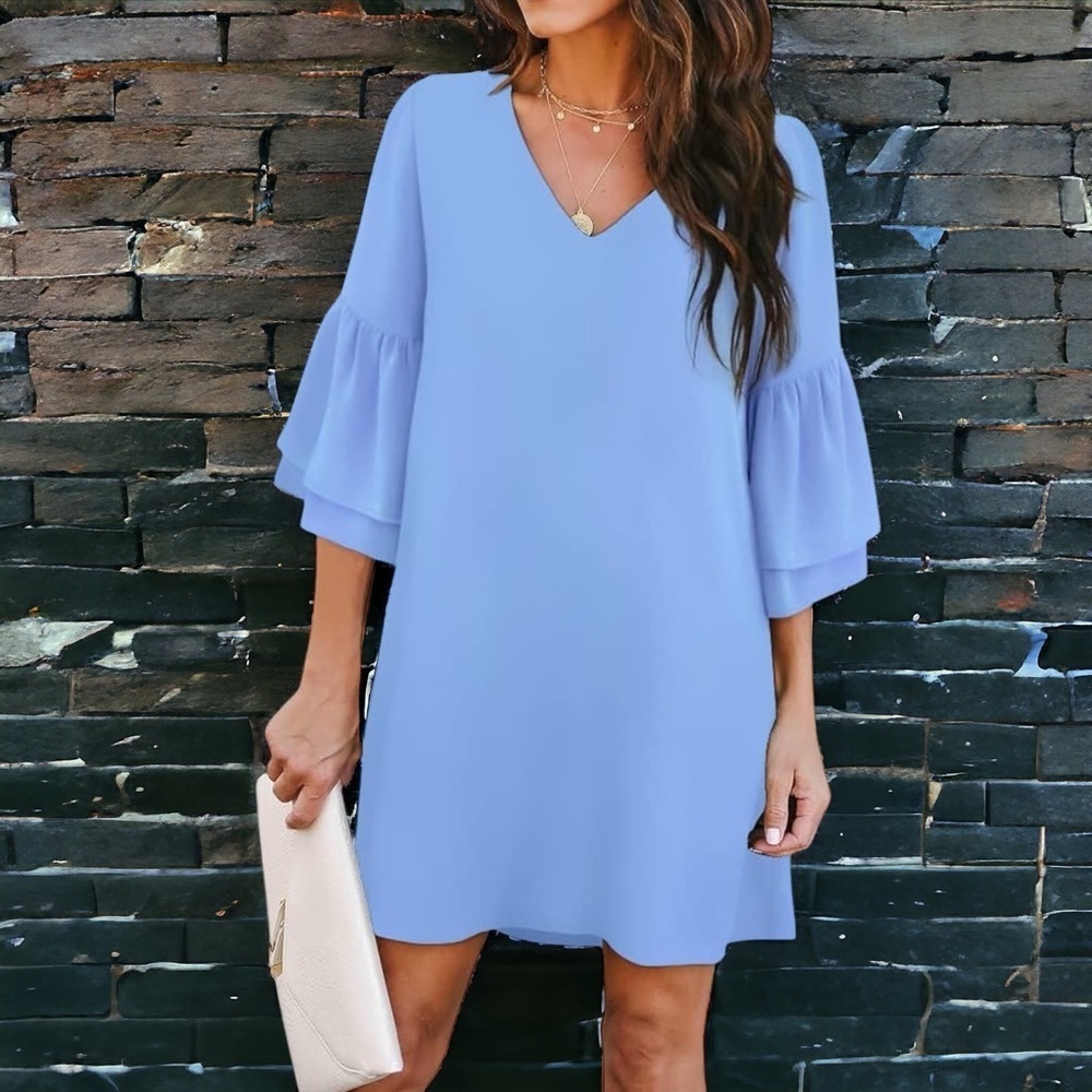 NWT BELONGSCI Pale Blue Bell Sleeve Dress M